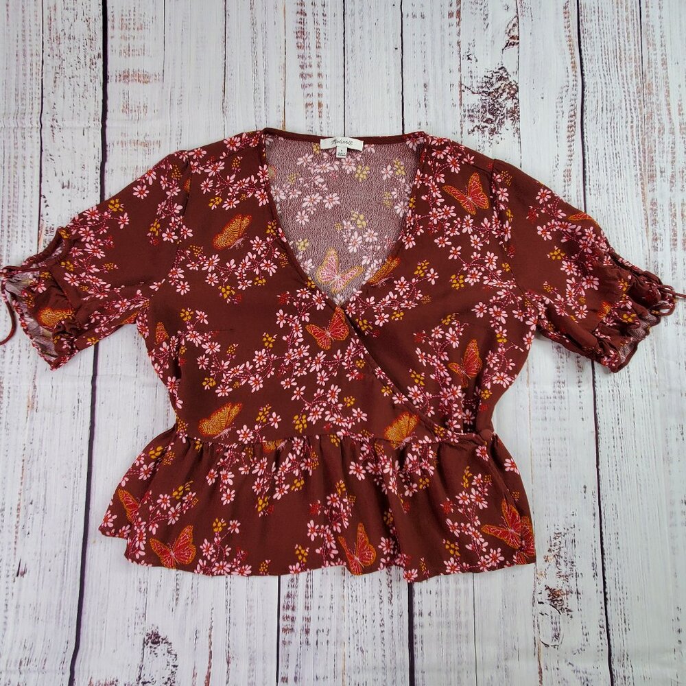 Madewell Wrap Top Women 8 Burgundy Floral Butterfly Sanctuary Tie Sleeve Peplum